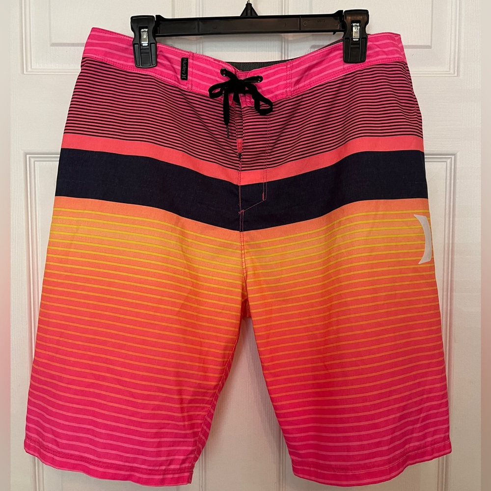 Hurley Swim Trunks Size 33 Retro Pink/Black/Yellow